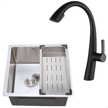 Imagem de Kit Cuba Cozinha Gourmet Quadrada 44x44 Inox 304 Escovada Completa Com Torneira Monocomando Extensora - SOFTINOX