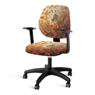 Imagem de Talayituse Capa de cadeira de escritório com estampa de flor de cavalo, capa protetora e extensível universal para cadeiras giratórias, 2 peças para capas de cadeira de mesa