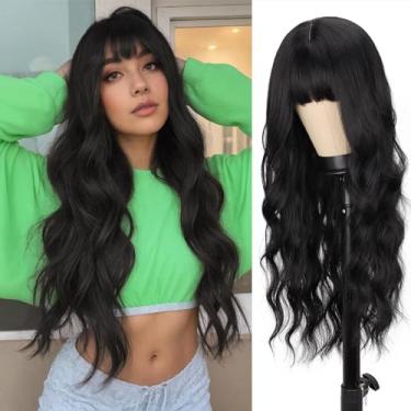 Imagem de MERISIHAIR Peruca preta com franja, peruca longa ondulada para mulheres, 66 cm sintética resistente ao calor, aparência natural, perucas realistas para uso diário em festas