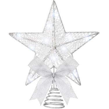 Imagem de Sumind Enfeite de árvore de estrela de Natal de 25,4 cm, enfeite de topo de estrela brilhante de metal com laço e cordão de luz de 30 LED para decoração de festa de Natal em ambientes internos (branco