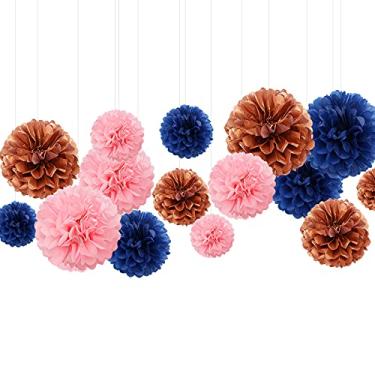 Imagem de Decorações de gênero revelador de papel de seda pompons - 15 peças de 5 tamanhos de flores de papel azul marinho e rosa dourado, despedida de solteira, aniversário, decoração de festa de noivado, panduola