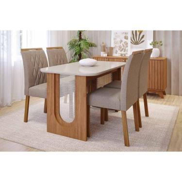 Imagem de Conjunto: Mesa de Cozinha Valentina Tampo Madeirado c/ Vidro 130x80cm e 4 Cadeiras Juliana Cinamomo/Off White - Carvalho/Linho Bege - Cimol