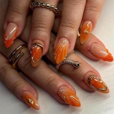 Imagem de RTKHFZE Unhas extra curtas de amêndoa laranja, formato de amêndoa curta para unhas de acrílico falso, unhas de cobertura completa outono/inverno para mulheres/formaturas/festas/feriados (laranja