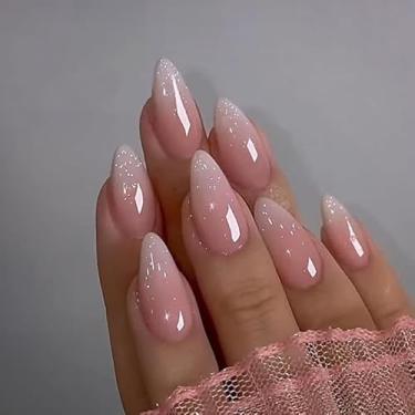 Imagem de Unhas de pressão rosa, unhas postiças de glitter rosa ombré, formato de amêndoa média, cola brilhante SXVME nas unhas falsas de amêndoa, unhas postiças de acrílico grosso, unhas postiças brilhantes