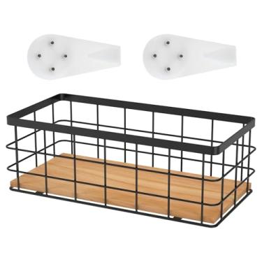 Imagem de Cesta de metal com base de madeira, cesta de arame de metal retangular, cesta de armazenamento de arame de metal elegante, cesta decorativa de armazenamento de banheiro, cesta versátil para decoração