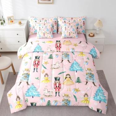 Imagem de Erosebridal Jogo de cama de casal rosa de Natal com quebra-nozes para crianças, quebra-nozes de Natal, conjunto de cama de 7 peças, com estampa de balé, princesa, carrossel, árvore de Natal