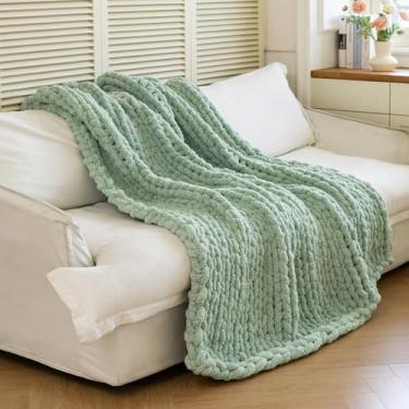 Imagem de Larexius Cobertor de malha grossa - Cobertor luxuoso macio e aconchegante de 50 x 60, cobertor 100% tecido de nó de corda para sofá, decoração de casa, presente - lavável na máquina (verde sálvia, 50