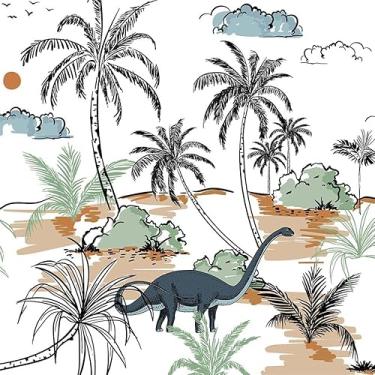Imagem de Papel de parede bonito aquarela branco dinossauro tropical planta palmeira selva papel de parede de contato adesivo de vinil em papel de parede para quarto, banheiro, armário de cozinha adequado para