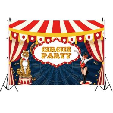 Imagem de Yeele Pano de fundo de festa de circo de carnaval de 4,6 x 3 m para fotografia de leões e domadoras, fundo de barraca de circo vermelho para crianças, tema de aniversário, festa, bolo, bandeira