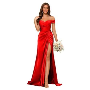 Imagem de Vestido de dama de honra Dessiny Red Satin Mermaid Off Shoulder