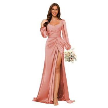 Imagem de Vestido de dama de honra Dessiny Dusty Rose Satin de mangas compridas