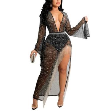 Imagem de Vestido PORRCEY Sexy Deep com decote em V Hot Drilling Flare Manga