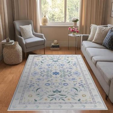 Imagem de Mightree Tapetes de área para quarto e sala de estar - 1,2 m x 1,8 m de lã sintética, vintage, floral, antiderrapante, camada baixa, tapete para interior, resistente a manchas, tapete grande para casa