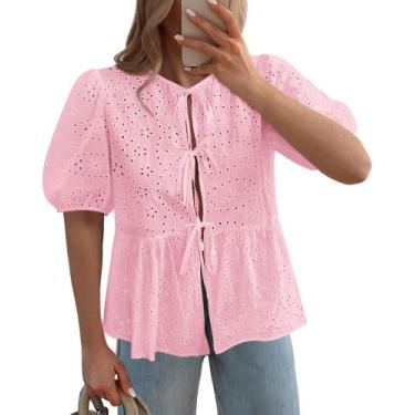 Imagem de Blusa feminina KIRUNDO com gravata frontal oca em renda bordada rosa