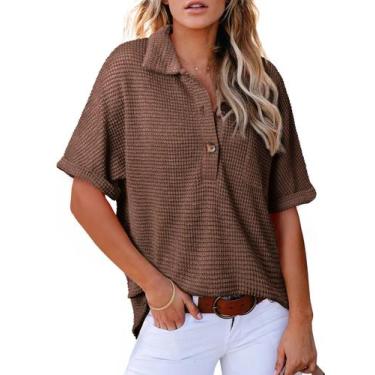 Imagem de Camisa feminina elegante vintage Henley Waffle Knit Coffee XXL - Astyl