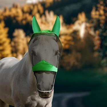 Imagem de DayoVortex Máscaras de mosca para cavalos, máscara de mosca com orelhas e nariz longo proteção UV cavalo (verde, (completo) grande)