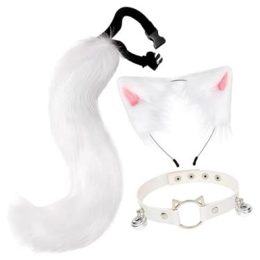 Imagem de kowaku Conjunto de orelhas e cauda de gato e, sino, chapéu para festa, carnaval, baile de máscaras, Branco