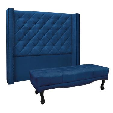 Imagem de Cabeceira Cama Box Queen 160cm e Recamier Vicenza Suede Azul Marinho S04 - D'Rossi