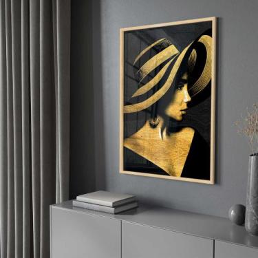 Imagem de Quadro Decorativo com Moldura e Acrilico Cristal Vidro Mulher Dourada 