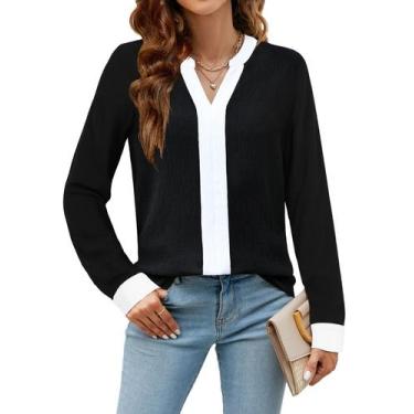 Imagem de Camisa feminina Blooming Jelly com decote em V, manga comprida, preta 