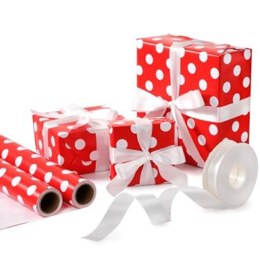 Imagem de Feifeiya Rolo de papel de embrulho, papel kraft de bolinhas vermelhas e brancas, 2 rolos de papel de embrulho de 44 cm x 83 cm, com 1 rolo de 2,5 cm x 25 m de fita de cetim branca para aniversário