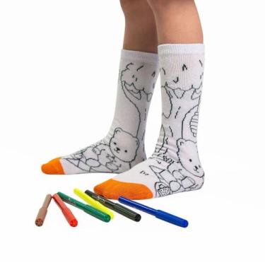 Imagem de Meia Para Colorir Pintar Infantil Divertidas Personalizar + Kit 6 Cane