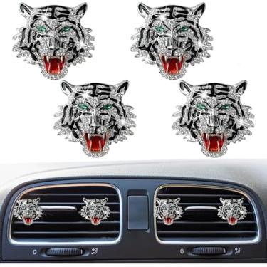 Imagem de 4 peças de clipes de ventilação de cabeça de tigre brilhantes, purificadores de ar de carro de cristal clipes de ventilação difusor clipe de ventilação decoração de strass decoração de interiores