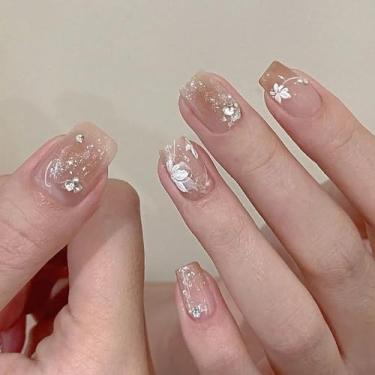 Imagem de Kit de unhas curtas quadradas, unhas falsas nude com design de flores de strass cola em gel para mulheres cobertura completa acrílico artificial bastão falso em unha para casamento 24 peças em 12