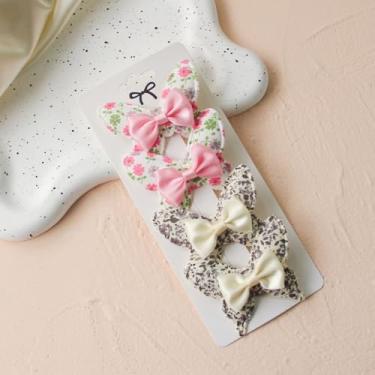 Imagem de 4 peças de laços de cabelo para mulheres, tecidos, laço, padrão de flor, presilhas de cabelo, fitas rosa bege, acessórios de grampo de cabelo grandes