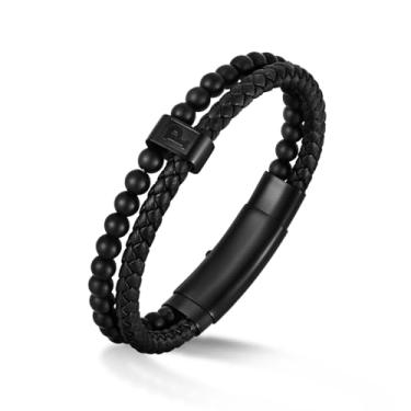 Imagem de Pulseira com inicial para homens com letra feita à mão ágata natural com contas de couro preto trançado pulseira significativa, presente de joias, presentes de dia dos pais combinando para casal, 19 a