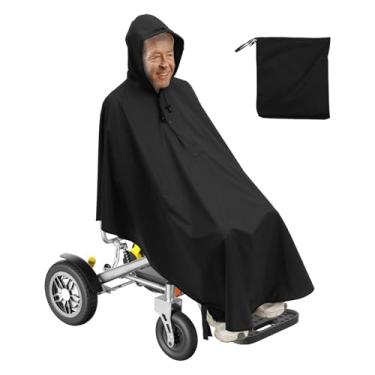 Imagem de Poncho para cadeira de rodas Capa de chuva refletiva de alto brilho para deficientes à prova d'água com capuz ajustável Mobilidade Scooter Capa de chuva para adultos homens e mulheres (preto)