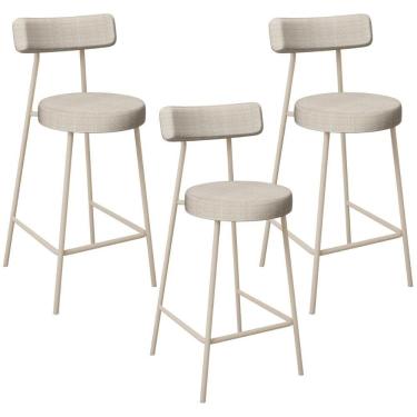 Imagem de Kit 03 Banquetas Baixa Cozinha Sala Jantar Bancada Milão Arena L02 Linho Palha - Lyam Decor