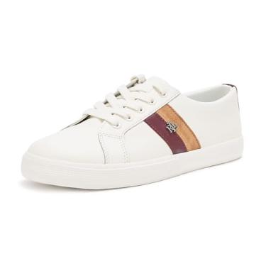 Imagem de Lauren Ralph Lauren Tênis feminino Janson II de couro colorido, Snw branca/granada escura/camelo, 37