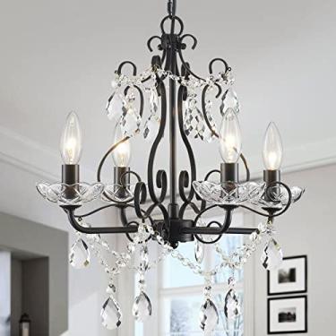 Imagem de WUZUPS Candelabro de vela de cristal pingente de teto embutido luminária moderna para quarto, corredor, bar, cozinha, banheiro, H36 x L41, preto, base E14
