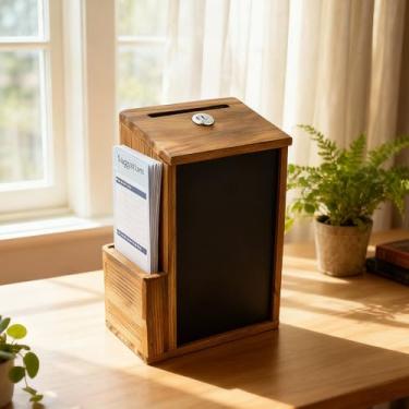 Imagem de DJAPWPX Caixa de sugestões SAFEWood com compartimento e fechadura caixa de doação resistente com 50 cartões de sugestões e 2 chaves para escritório, escola, restaurante, supermercado