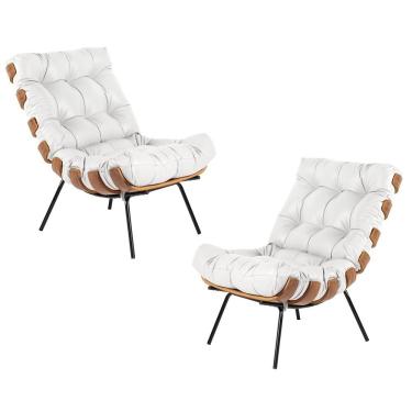 Imagem de Kit 2 Poltrona Decorativa Sala de Estar Costela Couro Branco - Gran Belo