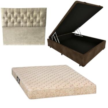 Imagem de Cama Box Baú Blindada com Colchão de Espuma Orthopedic + Cabeceira Botonê (SUEDE MARROM, Casal)