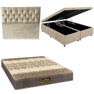 Imagem de Cama Box Baú Bipartida Blindada com Colchão de Espuma Orthopedic + Cabeceira Botonê - Casal | Queen (SUEDE BEGE, Casal Bipartido)