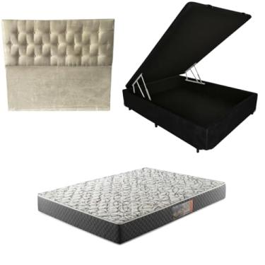 Imagem de Cama Box Baú Blindada com Colchão de Espuma D33 17cm + Cabeceira Botonê (CORINO PRETO, Casal)