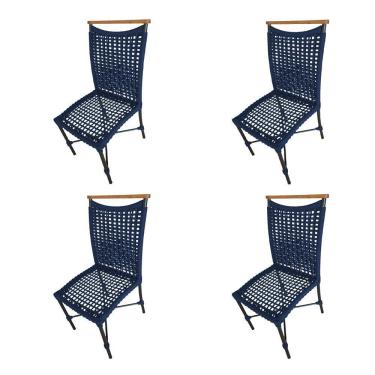 Imagem de Kit 4 Cadeiras Anne Corda Náutica Detalhe Em Madeira Base Alumínio Preto-azul Marinho - Cor: Azul