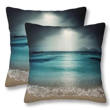 Imagem de ZYNTIRAX Capas de almofada estilo náutico de praia escura, tropical, oceano, litoral, 50 x 50 cm, conjunto de 2 fronhas quadradas com tema de mar de areia para casa, sofá-cama