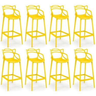 Imagem de Kit 8 Banquetas Allegra com Encosto Design Cozinha/Bancada - Amarelo -
