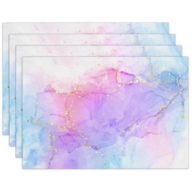 Imagem de Conjunto de 4 jogos americanos de arte de tinta, 30 x 45 cm, textura de mármore azul roxo, impermeável, tapetes de mesa de pano, tapetes laváveis para decoração ao ar livre, casa, festa, cozinha