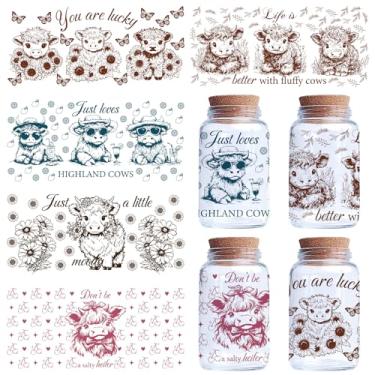 Imagem de 5 folhas de adesivos de gado envoltório de copo de vaca para copos de vidro de 473 g, tema de vaca Highland, PVC, à prova d'água, girassol, cereja, esfregar, transferir, adesivos para artesanato em