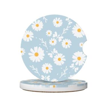 Imagem de Porta-copos de carro de margarida azul para porta-copos, 2 porta-copos de carro para carro, porta-copos de carro absorvente de cerâmica com entalhe de dedo e base de cortiça, acessórios de interior de