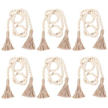 Imagem de LUMINFLY Conjunto de 6 guirlandas de contas de madeira com borlas de juta, contas de oração rústicas para decoração de casa, cordão de bola de madeira natural para parede e porta