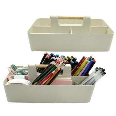 Imagem de Pacote com 2 suportes portáteis de plástico com alça – organizador empilhável de 5 compartimentos, caixa multiusos dividida para artesanato/escritório, suporte de caneta de papelaria para casa e
