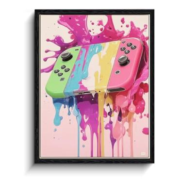Imagem de Arte de parede de controle de jogo portátil, respingo de tinta neon, decoração de parede pop art, impressão em tela emoldurada com acabamento fosco, arte de pôster de jogos, para presente de gamer de