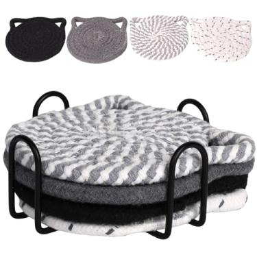 Imagem de Adorável conjunto de 4 porta-copos de orelhas de gato para bebidas, cerveja, café, porta-copos artesanais para decoração de gato de Natal, porta-copos de gatos de algodão trançado, porta-copos