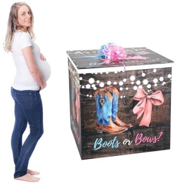 Imagem de AmazingSpark Kit de caixa de presente jumbo reveladora de gênero de 71 cm com caixa grande e laços gigantes para decoração de festa de aniversário de chá de bebê (botas ou laços)